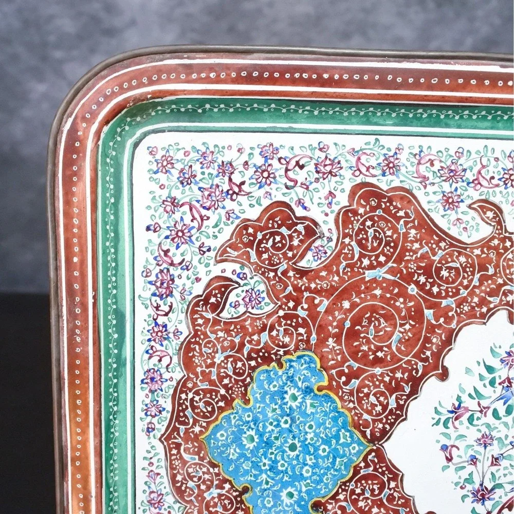 Antique Persian Minakari Enamel Floral Birds Tea & Coffee Cups Saucers Tray Set